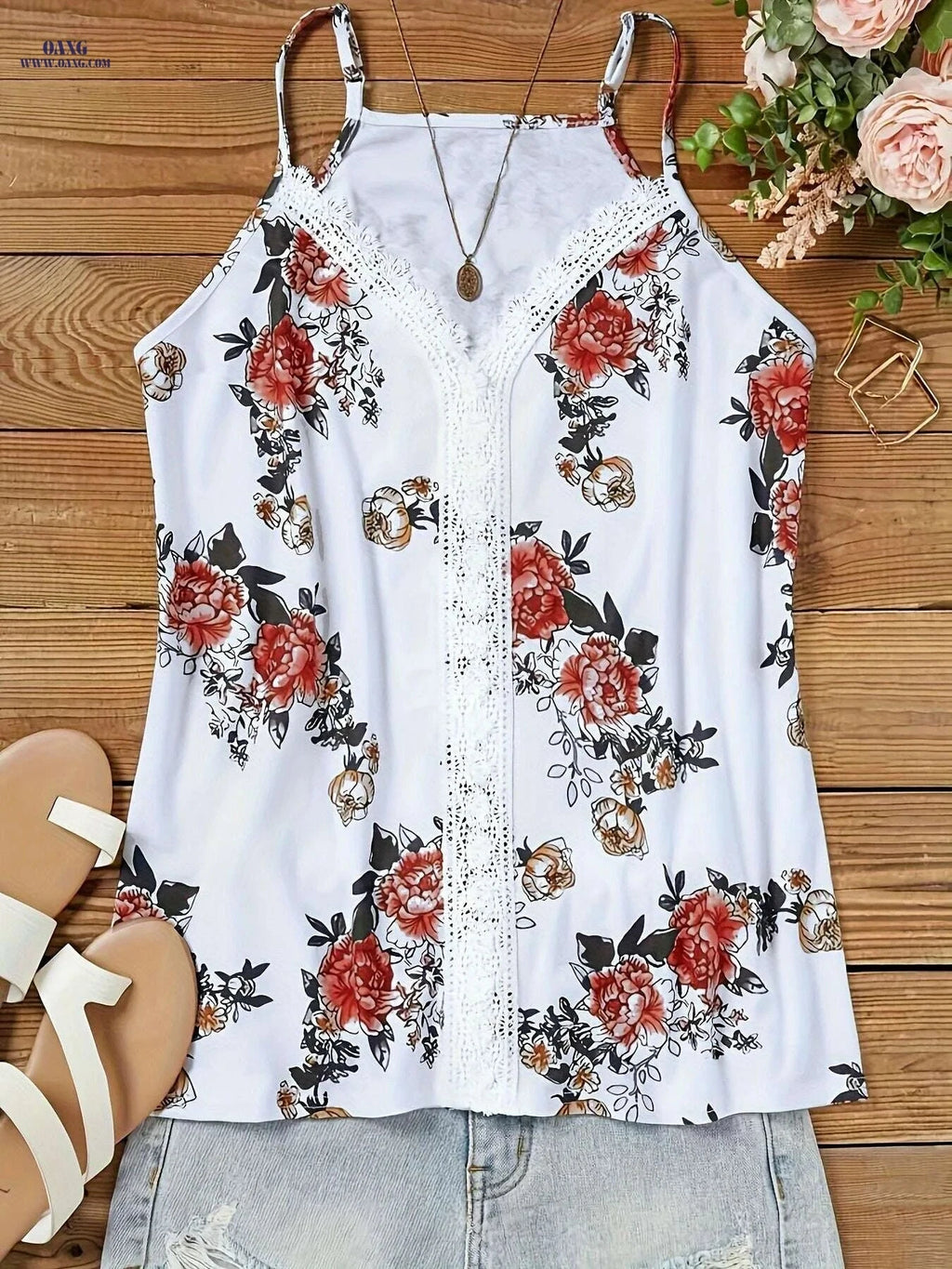 Summer Sexy Lace Tank Top - Floral Print & Sleeveless V-Neck Design   OAXG White / S