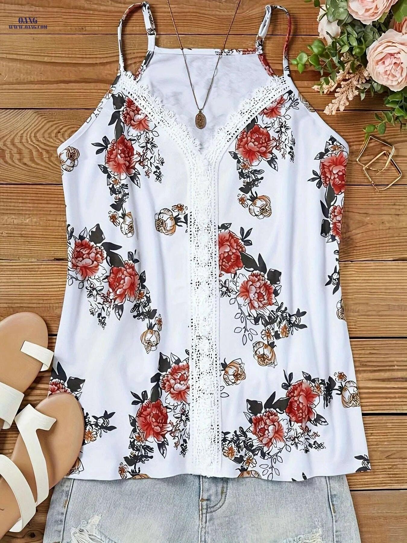 Summer Sexy Lace Tank Top - Floral Print & Sleeveless V-Neck Design   OAXG White / S