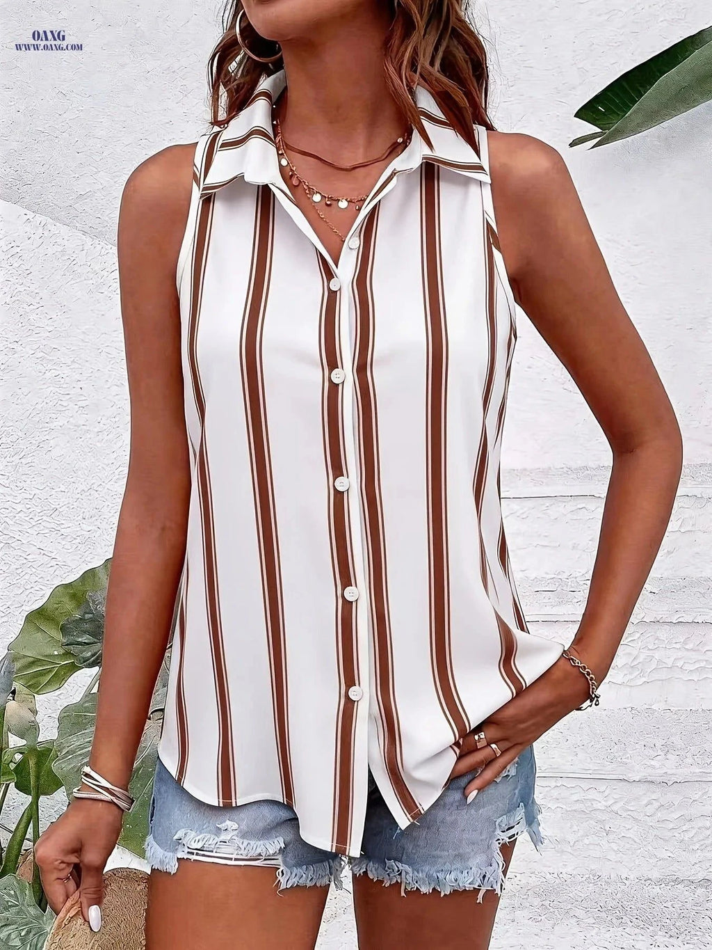 Summer Sleeveless Casual Striped Shirt - Lightweight Polyester Top   OAXG White / S