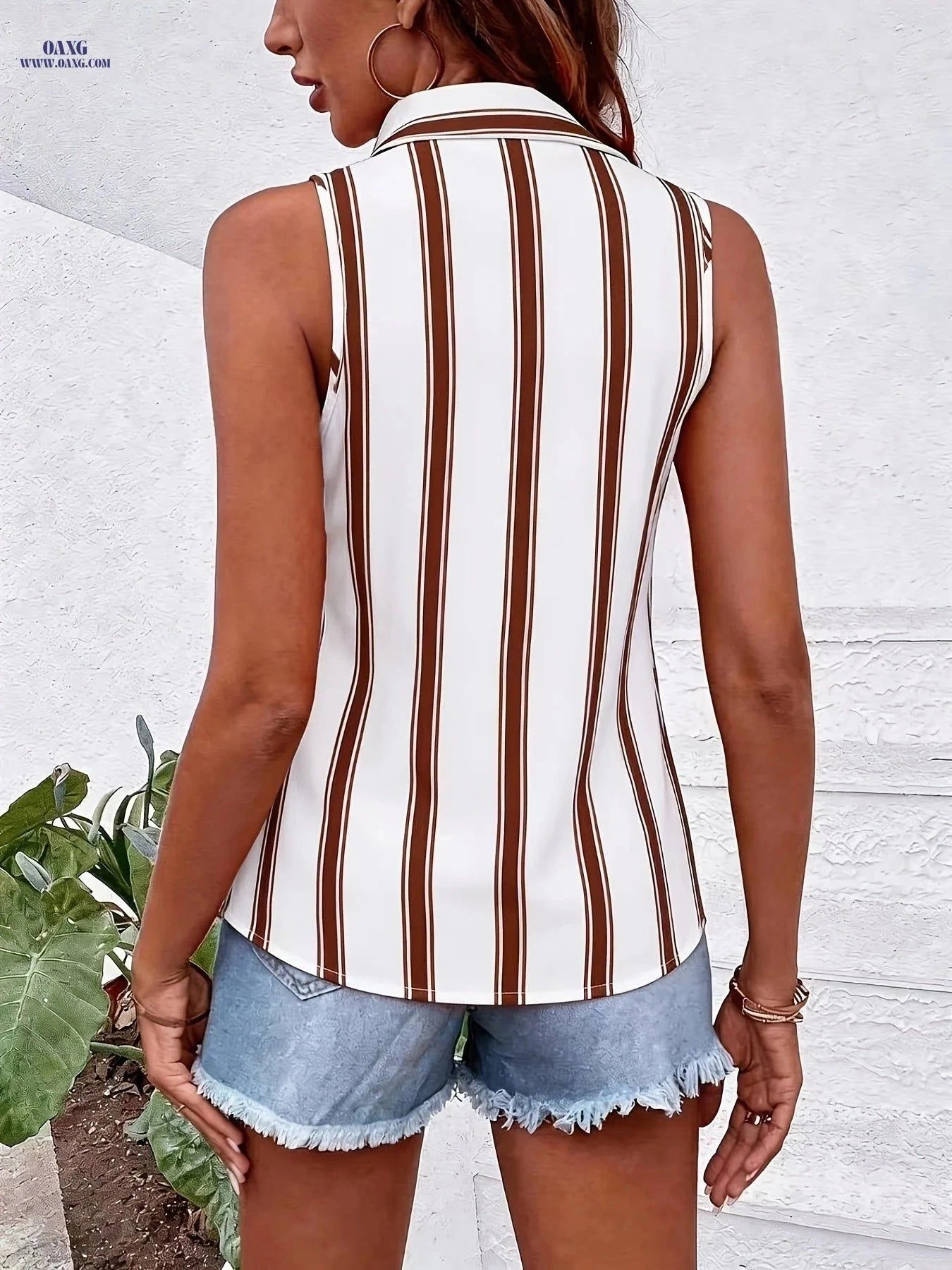 Summer Sleeveless Casual Striped Shirt - Lightweight Polyester Top   OAXG White / S
