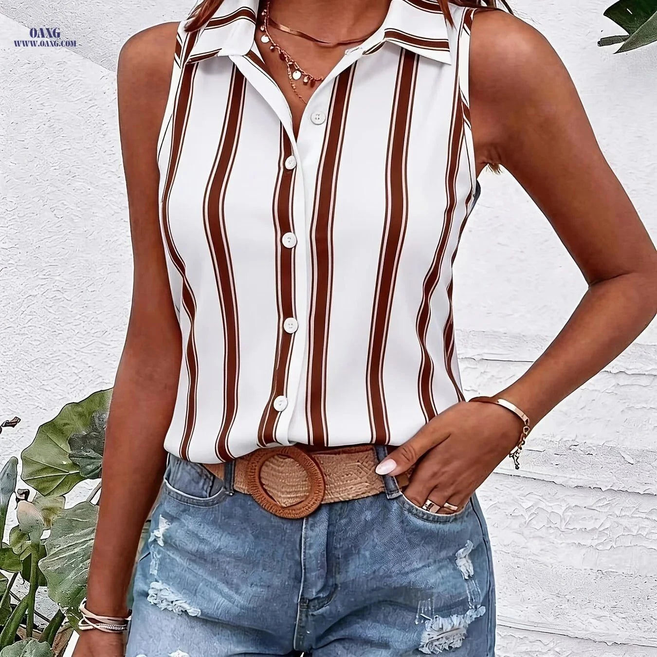 Summer Sleeveless Casual Striped Shirt - Lightweight Polyester Top   OAXG White / S