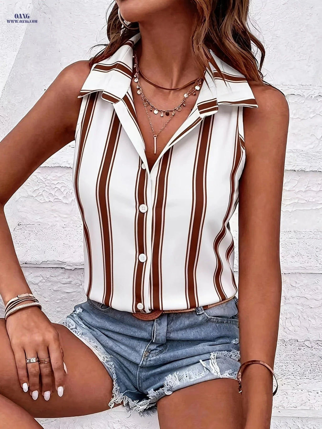 Summer Sleeveless Casual Striped Shirt - Lightweight Polyester Top   OAXG White / S