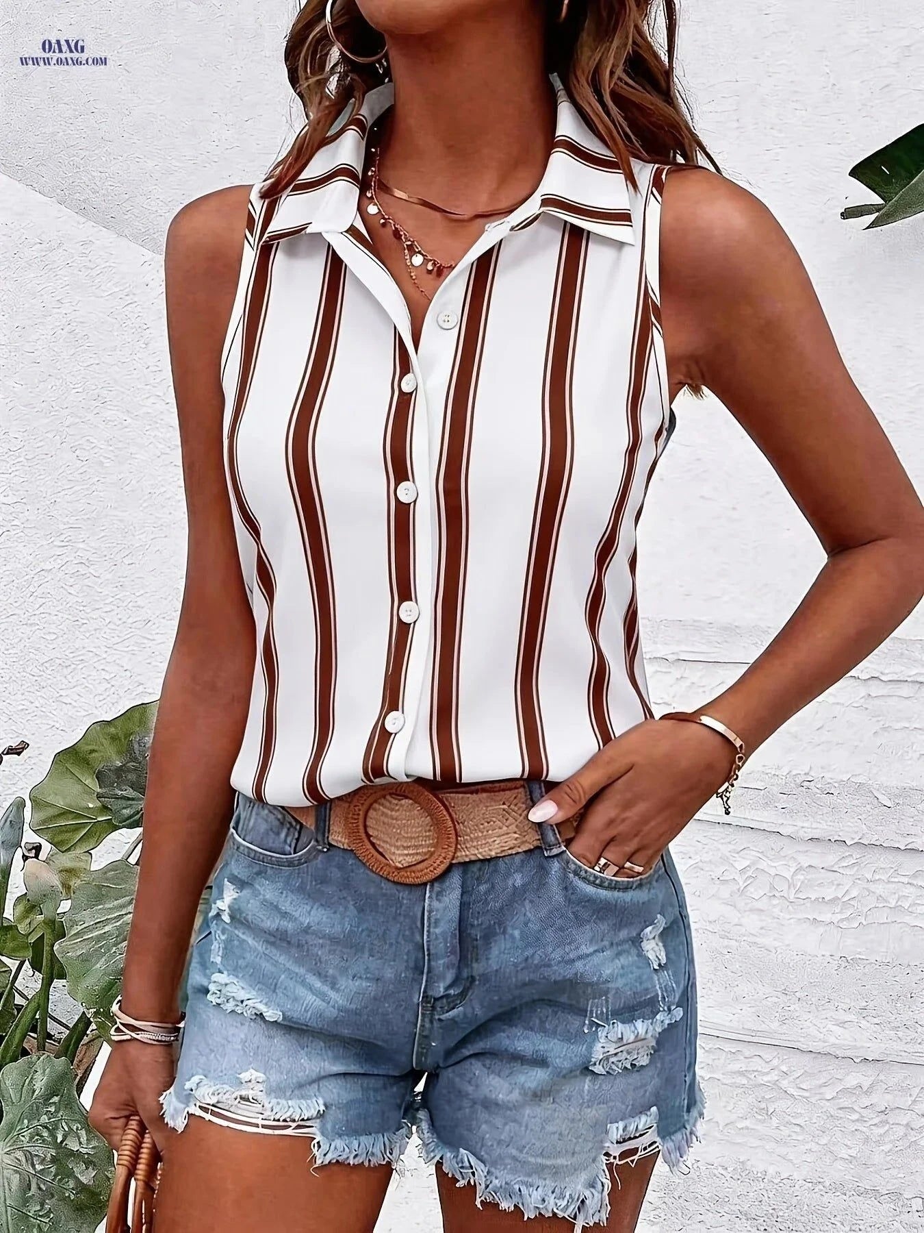 Summer Sleeveless Casual Striped Shirt - Lightweight Polyester Top   OAXG White / S