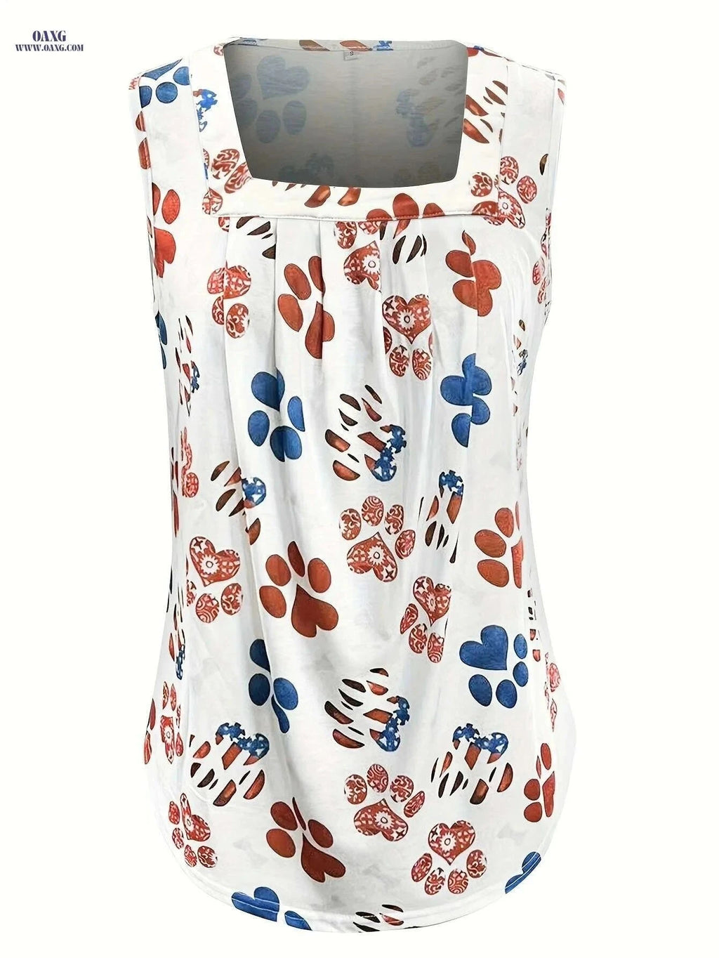 Summer Sleeveless Square Neck Blouse - Paw Print & Houndstooth Hem   OAXG White / S