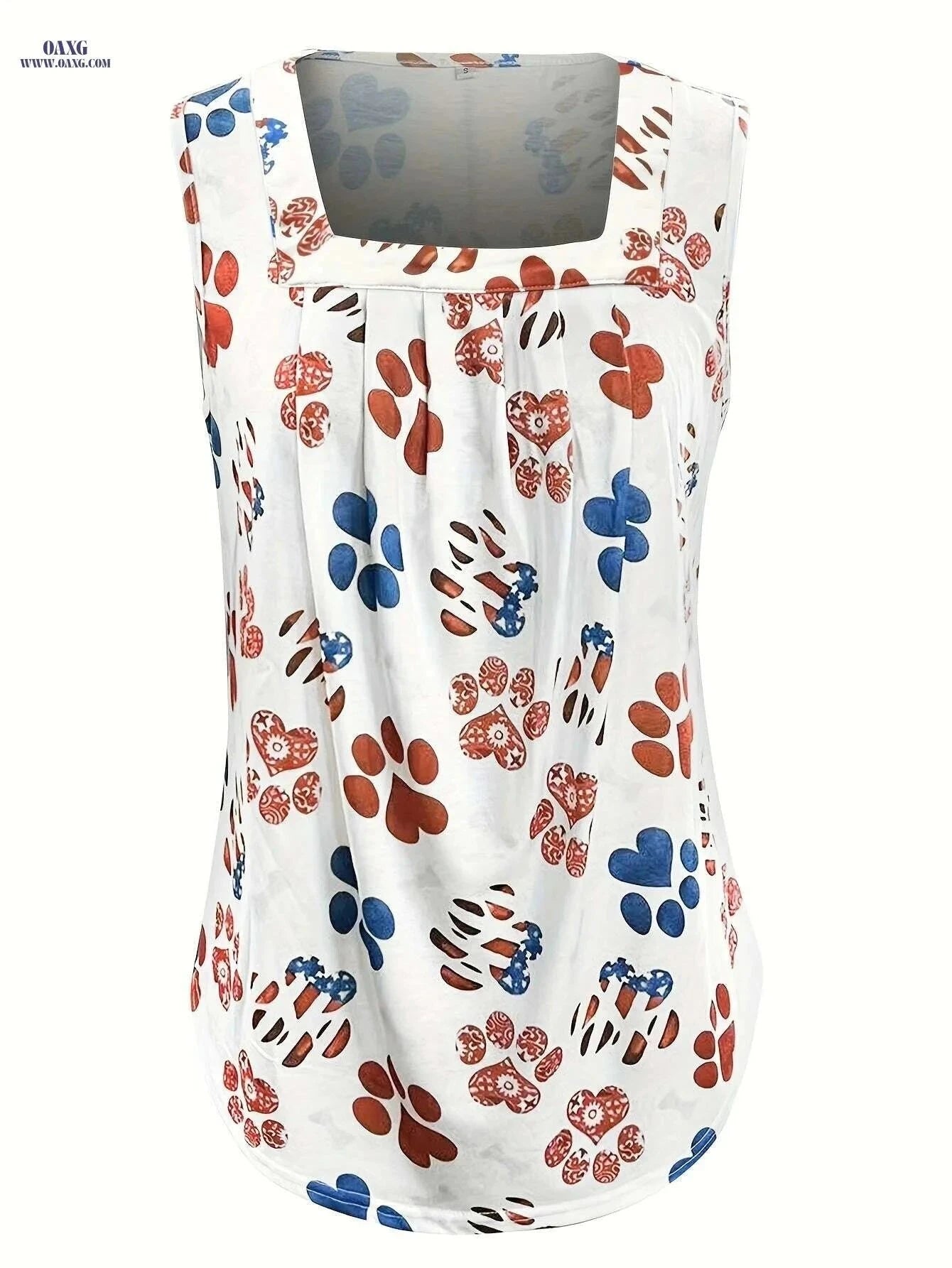 Summer Sleeveless Square Neck Blouse - Paw Print & Houndstooth Hem   OAXG White / S