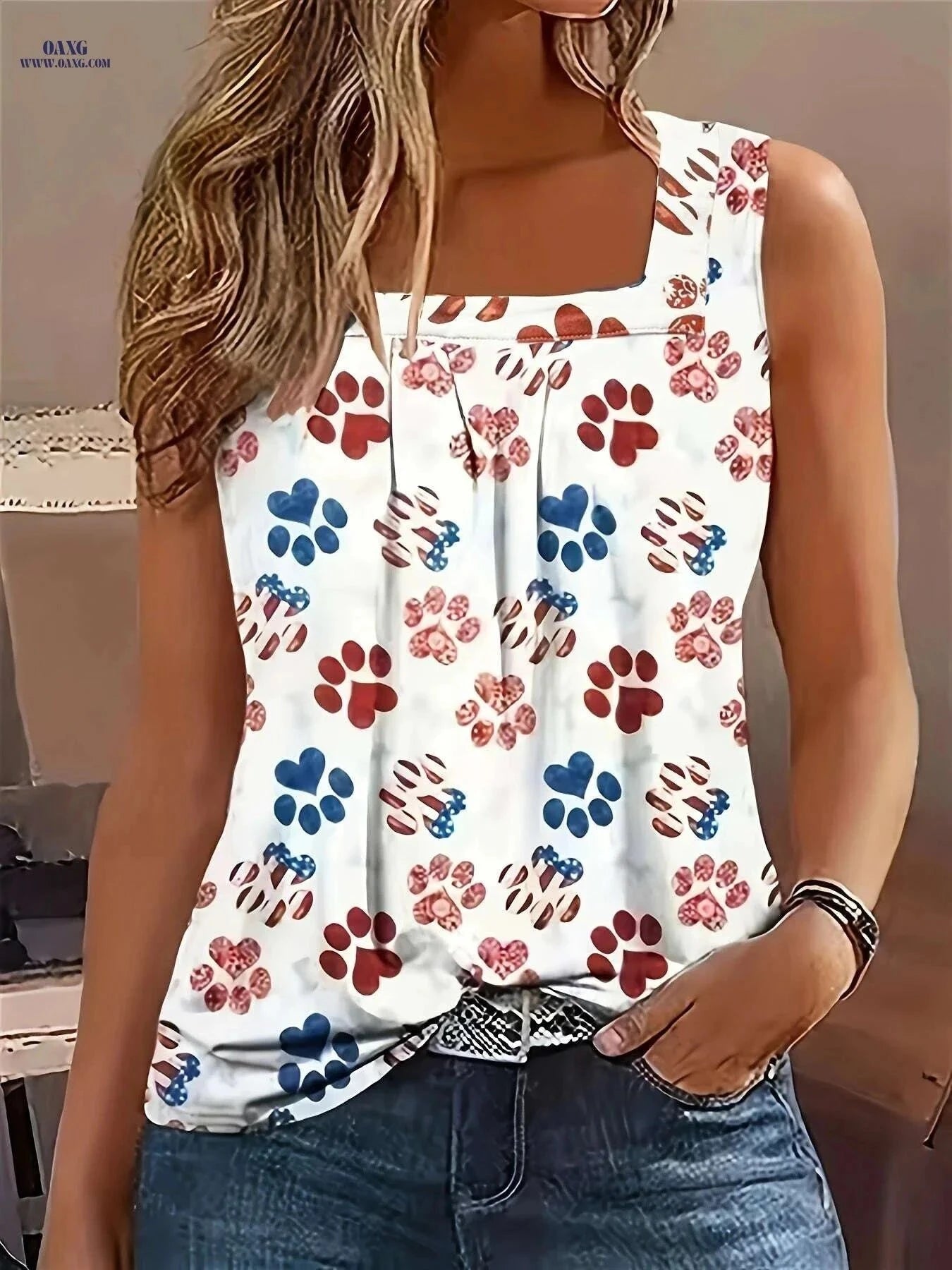 Summer Sleeveless Square Neck Blouse - Paw Print & Houndstooth Hem   OAXG White / S