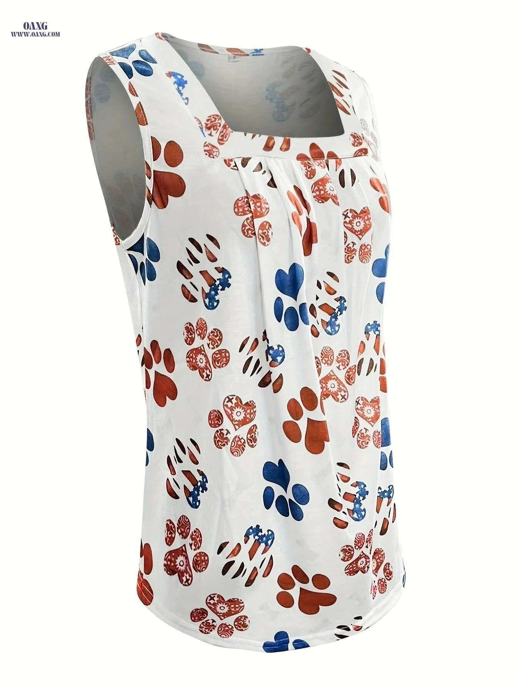Summer Sleeveless Square Neck Blouse - Paw Print & Houndstooth Hem   OAXG White / S