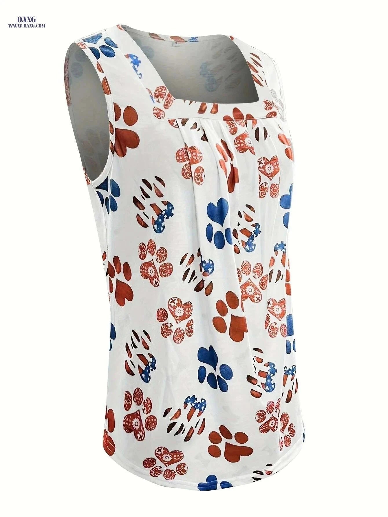 Summer Sleeveless Square Neck Blouse - Paw Print & Houndstooth Hem   OAXG White / S