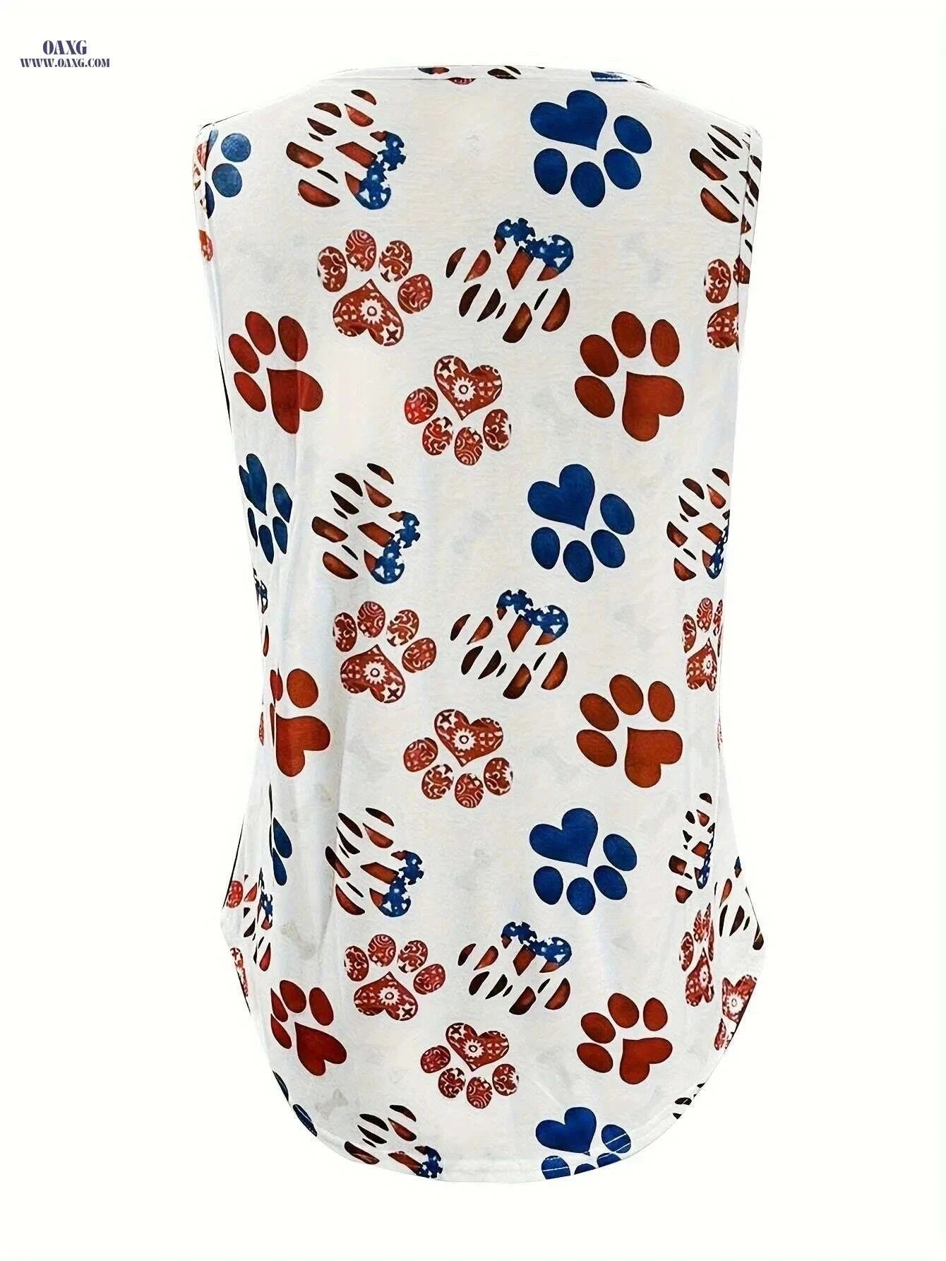 Summer Sleeveless Square Neck Blouse - Paw Print & Houndstooth Hem   OAXG White / S