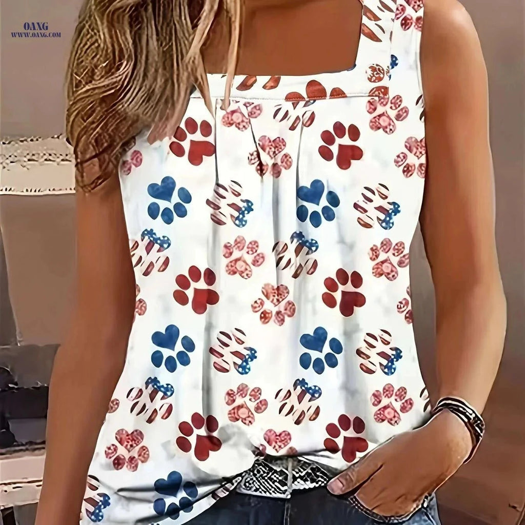 Summer Sleeveless Square Neck Blouse - Paw Print & Houndstooth Hem   OAXG White / S