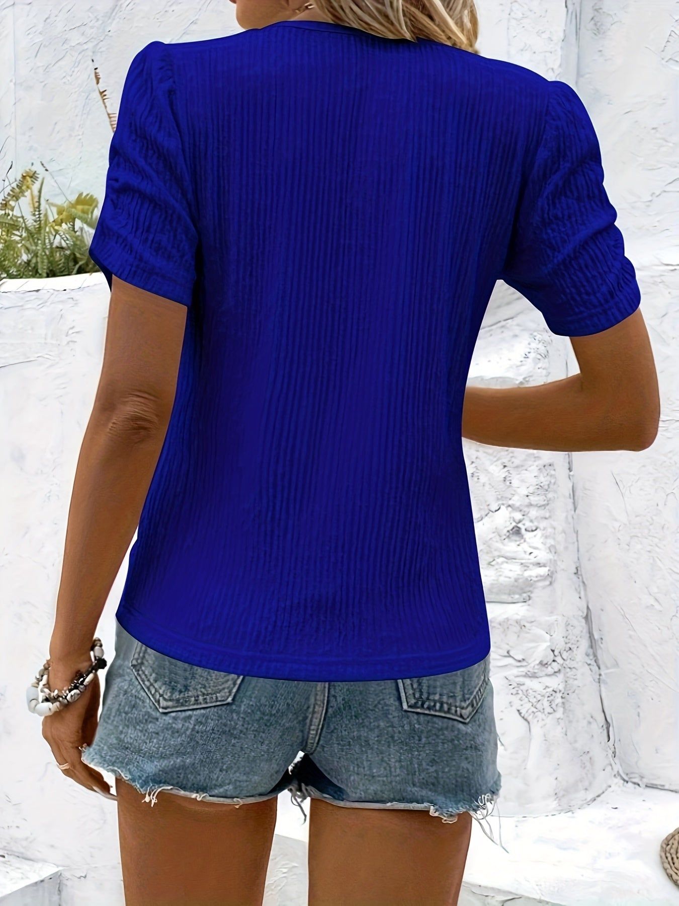 Summer Solid Color Round Neck Short-Sleeved T-Shirt Women'S Daily Generous And Elegant Top   OAXG Blue / S