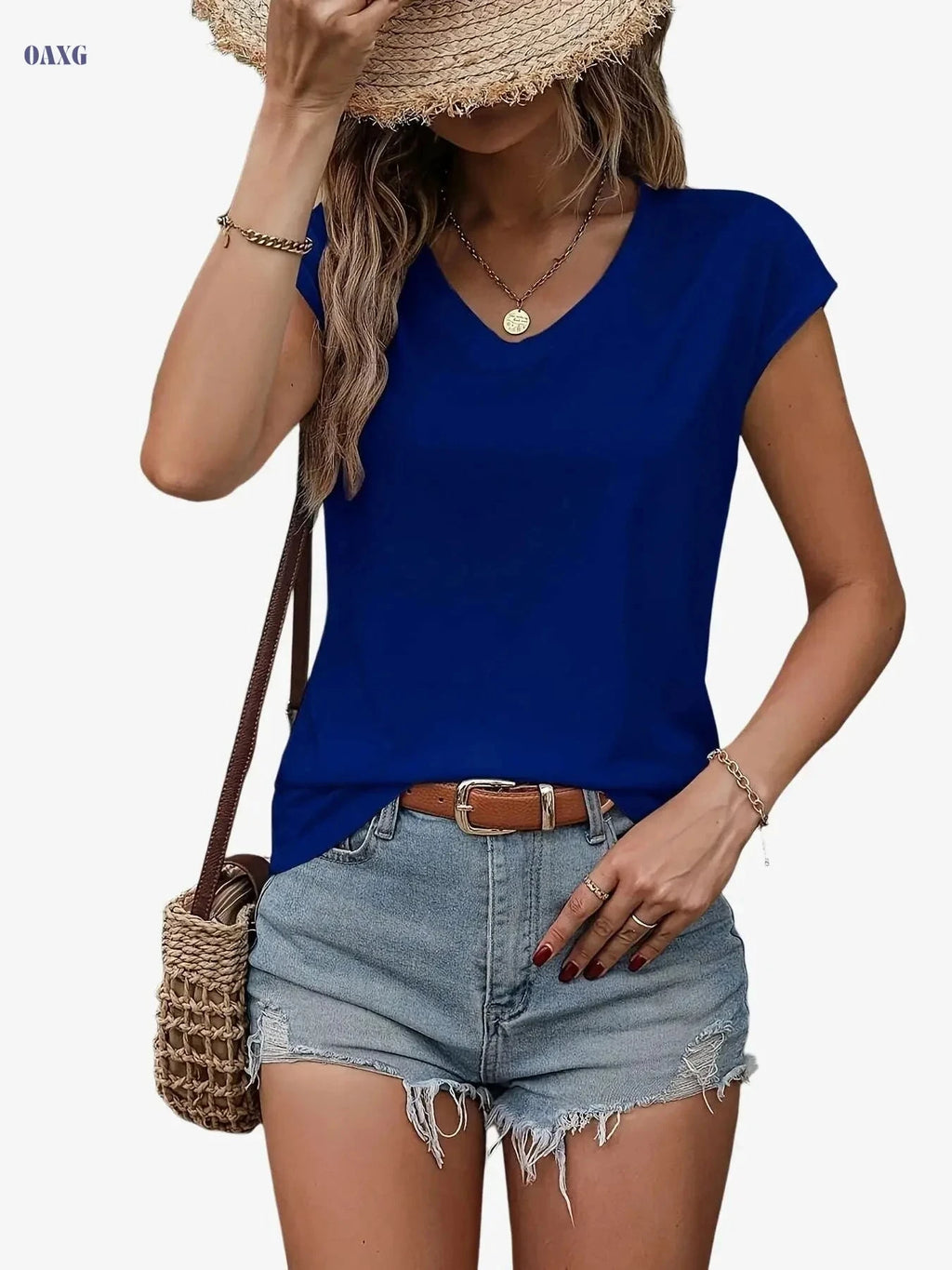Summer V-Neck T-Shirt for Women - Sporty Solid Color Style   OAXG Royal Blue / S