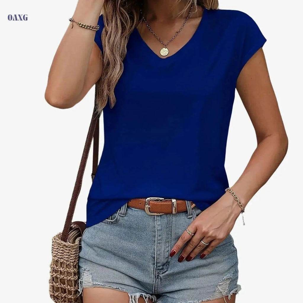 Summer V-Neck T-Shirt for Women - Sporty Solid Color Style   OAXG Royal Blue / S
