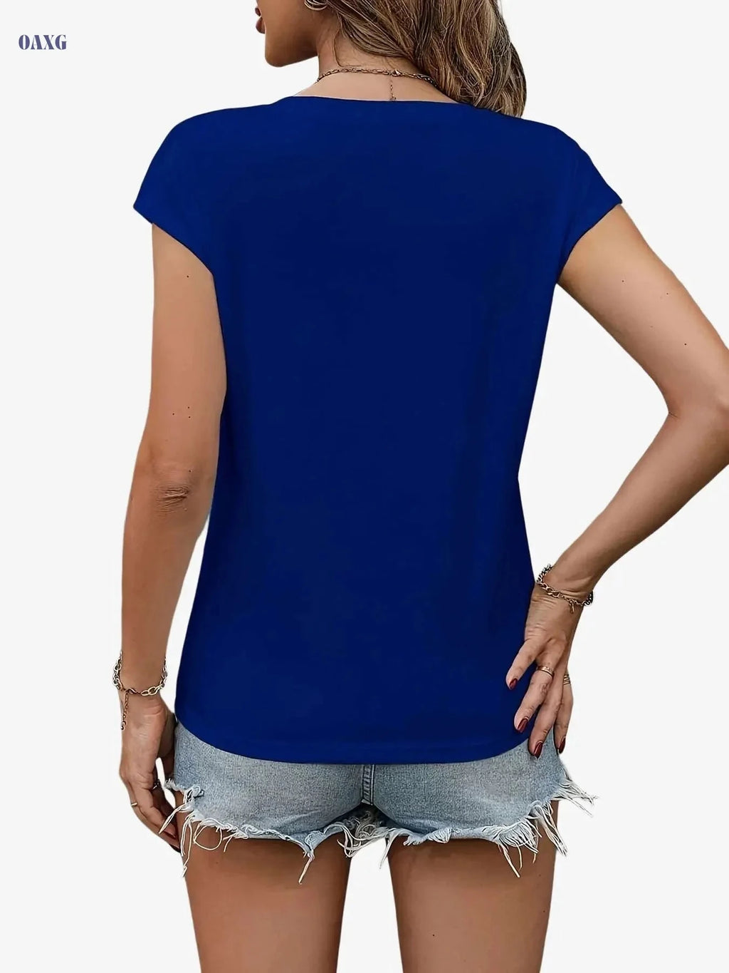Summer V-Neck T-Shirt for Women - Sporty Solid Color Style   OAXG Royal Blue / S