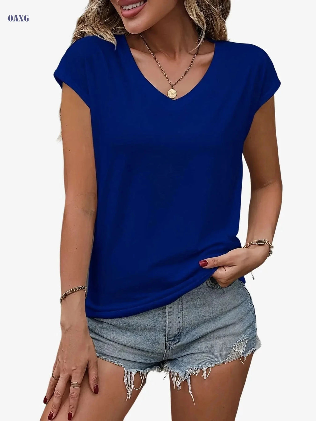 Summer V-Neck T-Shirt for Women - Sporty Solid Color Style   OAXG Royal Blue / S