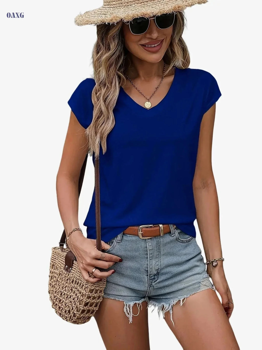 Summer V-Neck T-Shirt for Women - Sporty Solid Color Style   OAXG Royal Blue / S