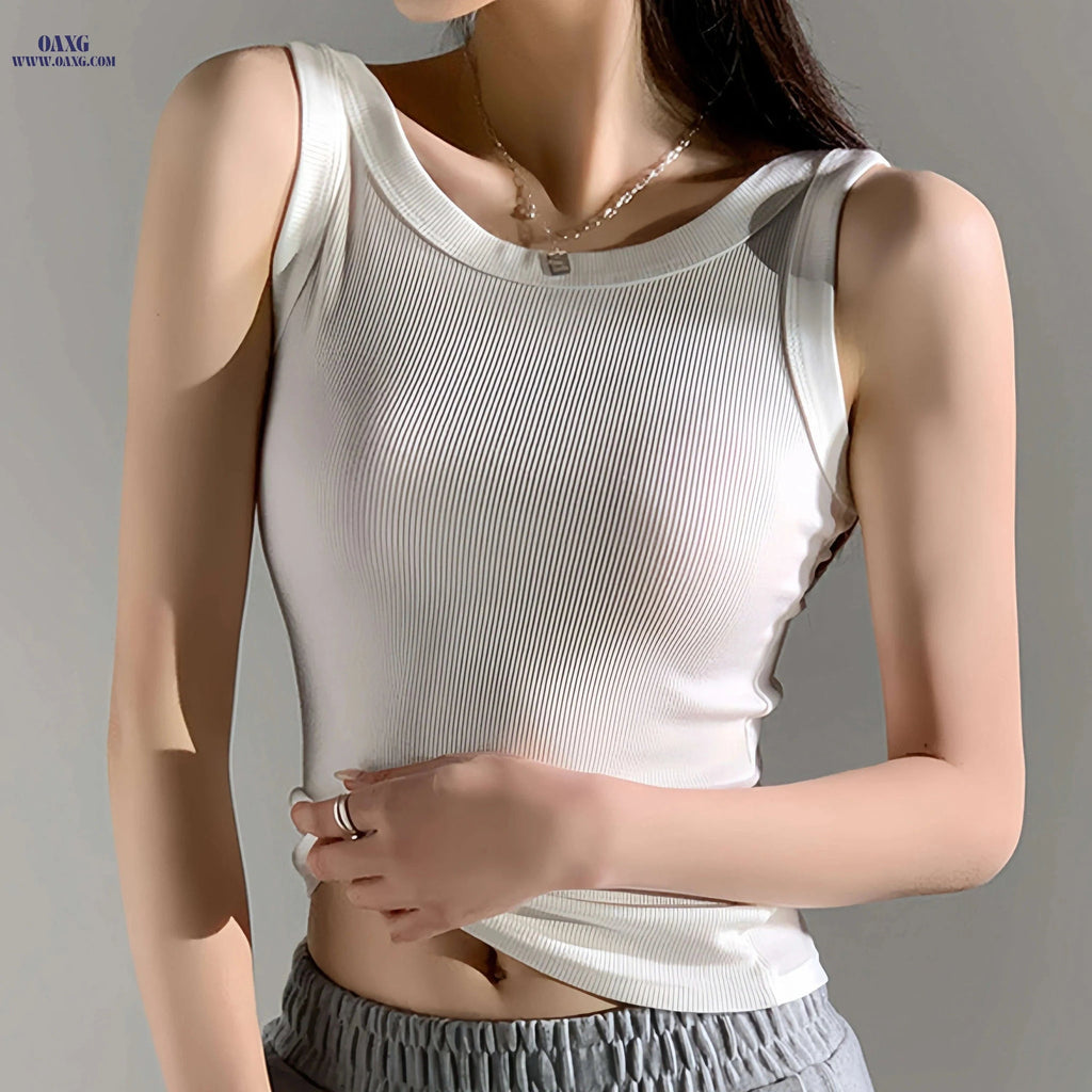 Summer Women's Ribbed Tank Top - Anti-Exposure Design, Versatile Fit   OAXG White / Asian One-size