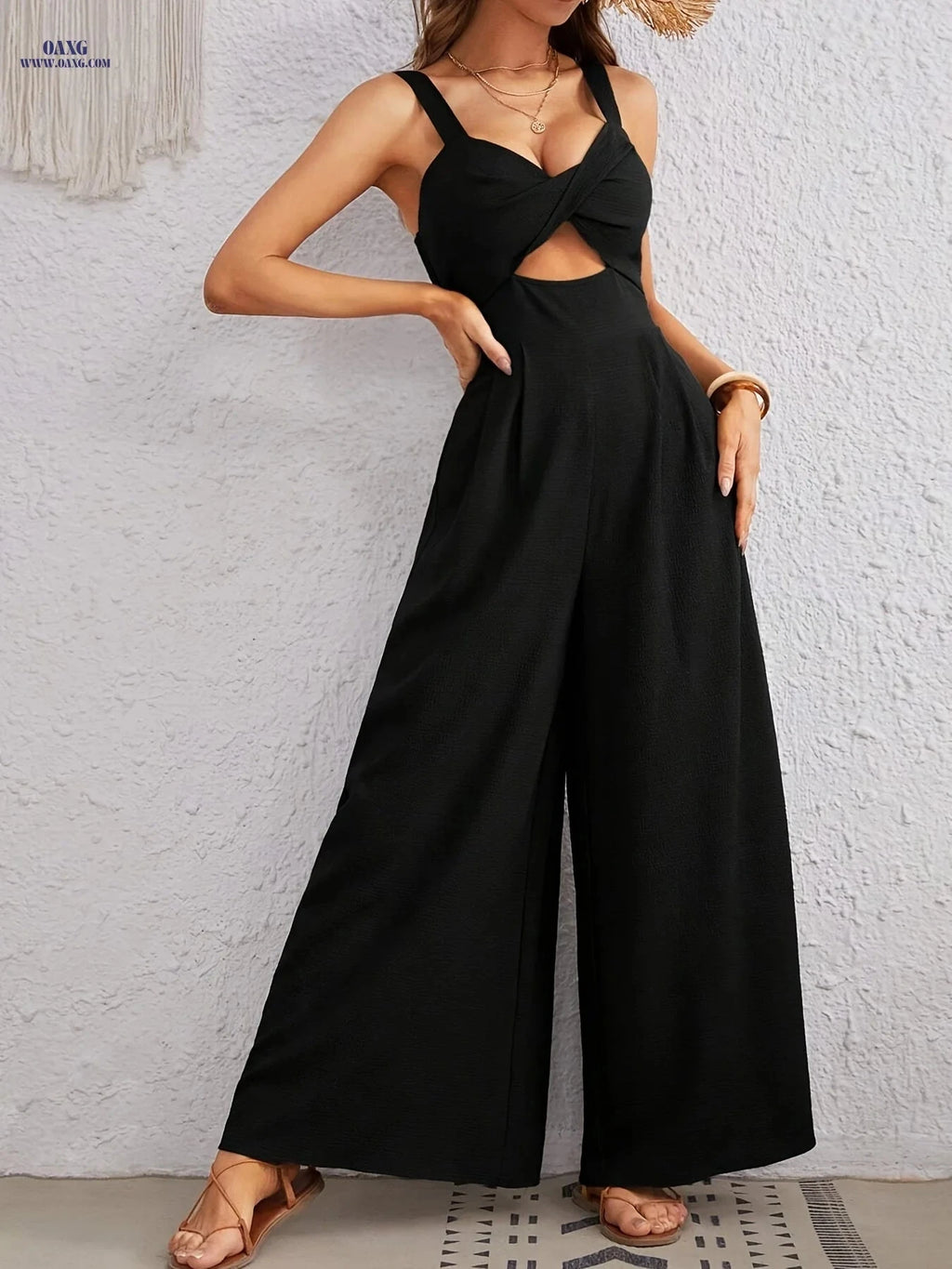 Summer Women's Twisted Pleat Wide-Leg Jumpsuit with Straps   OAXG Black / S