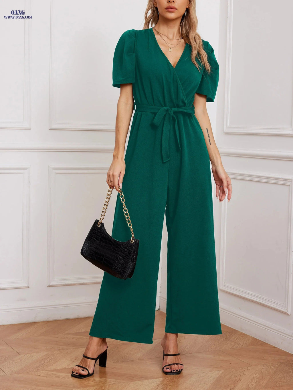 Summer Women's V-Neck Tie-Waist Jumpsuit - Wide-Leg Style   OAXG 