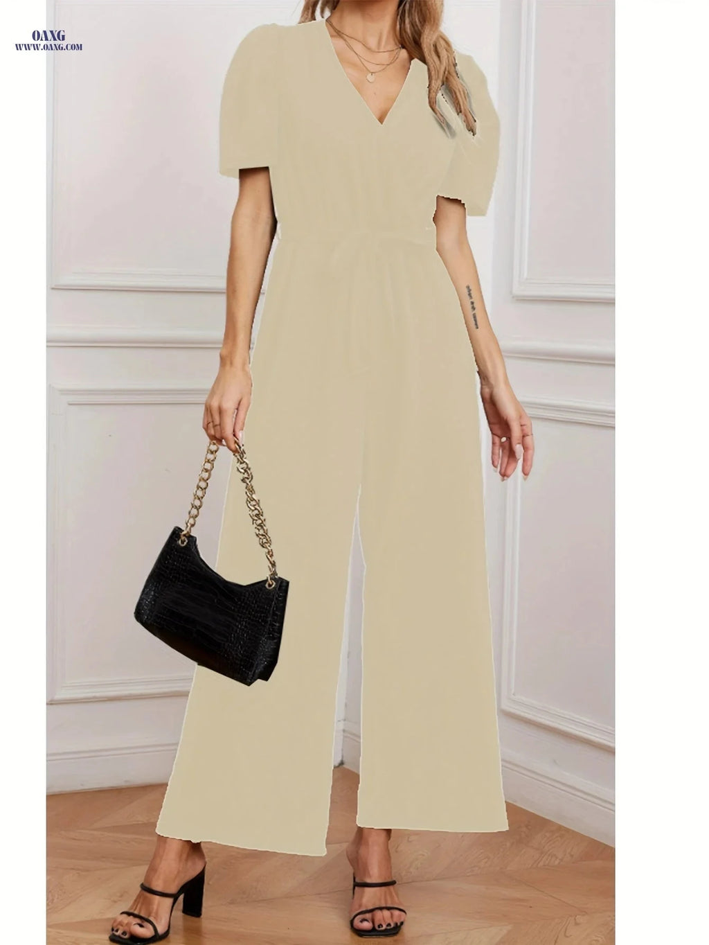 Summer Women's V-Neck Tie-Waist Jumpsuit - Wide-Leg Style   OAXG Black / S