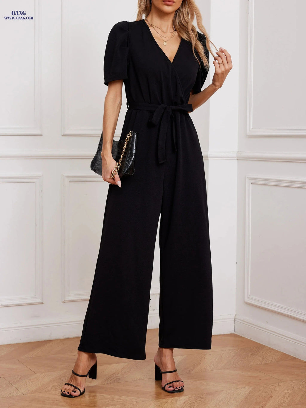 Summer Women's V-Neck Tie-Waist Jumpsuit - Wide-Leg Style   OAXG Black / S