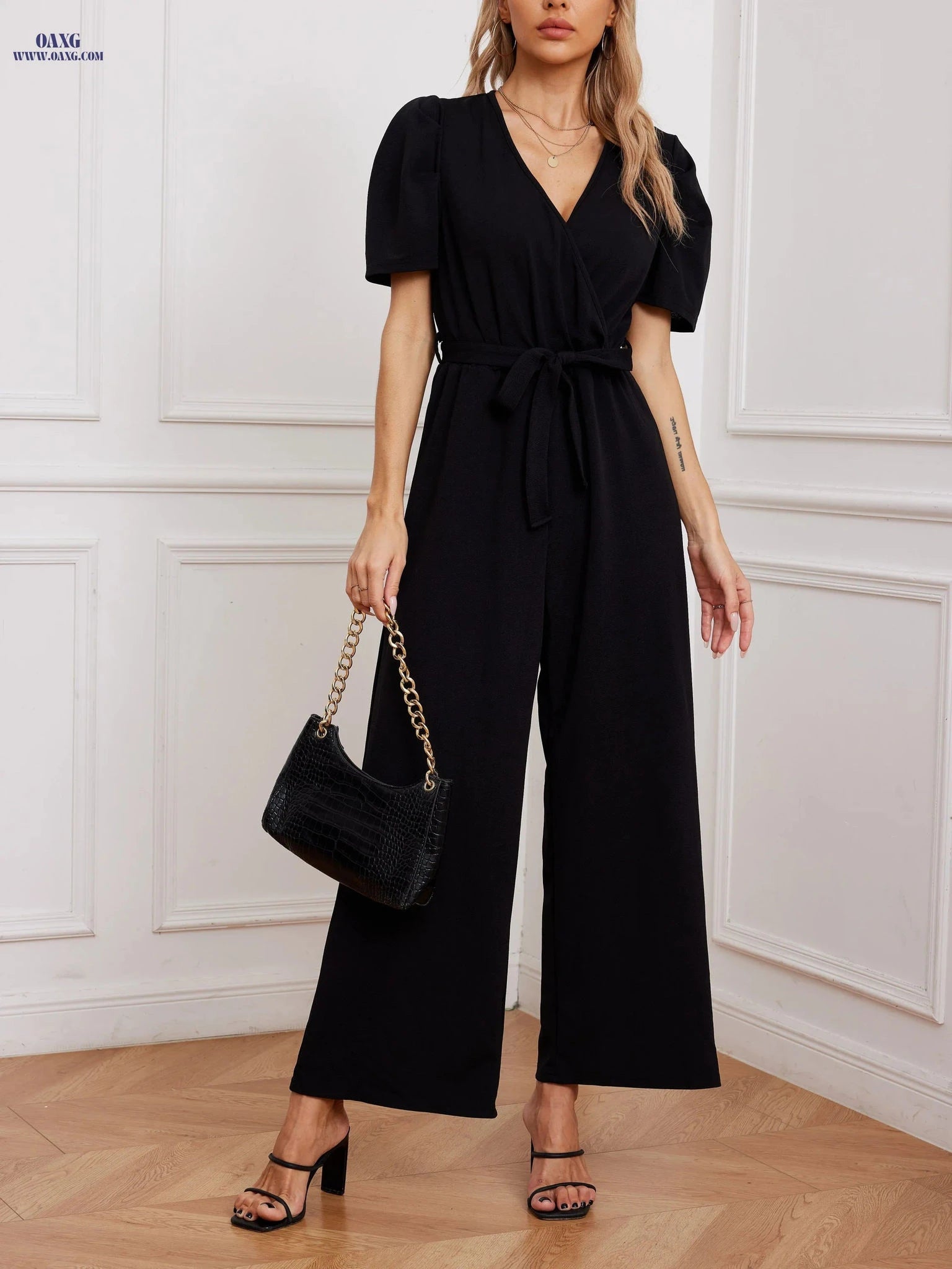 Summer Women's V-Neck Tie-Waist Jumpsuit - Wide-Leg Style   OAXG Black / S