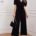 Summer Women's V-Neck Tie-Waist Jumpsuit - Wide-Leg Style   OAXG 