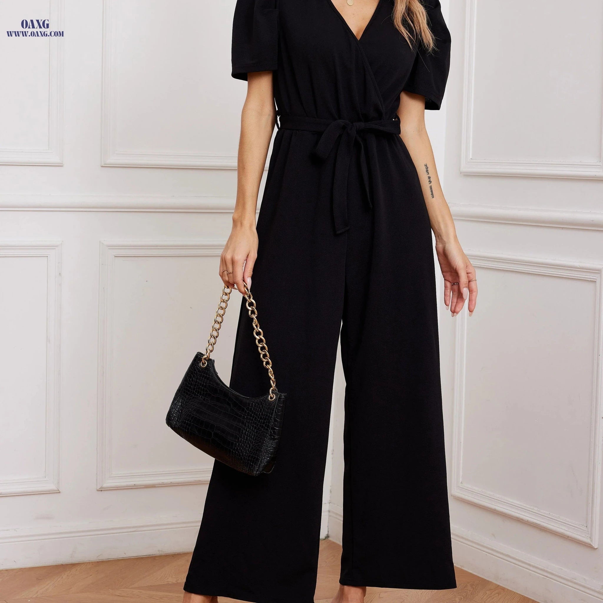 Summer Women's V-Neck Tie-Waist Jumpsuit - Wide-Leg Style   OAXG 