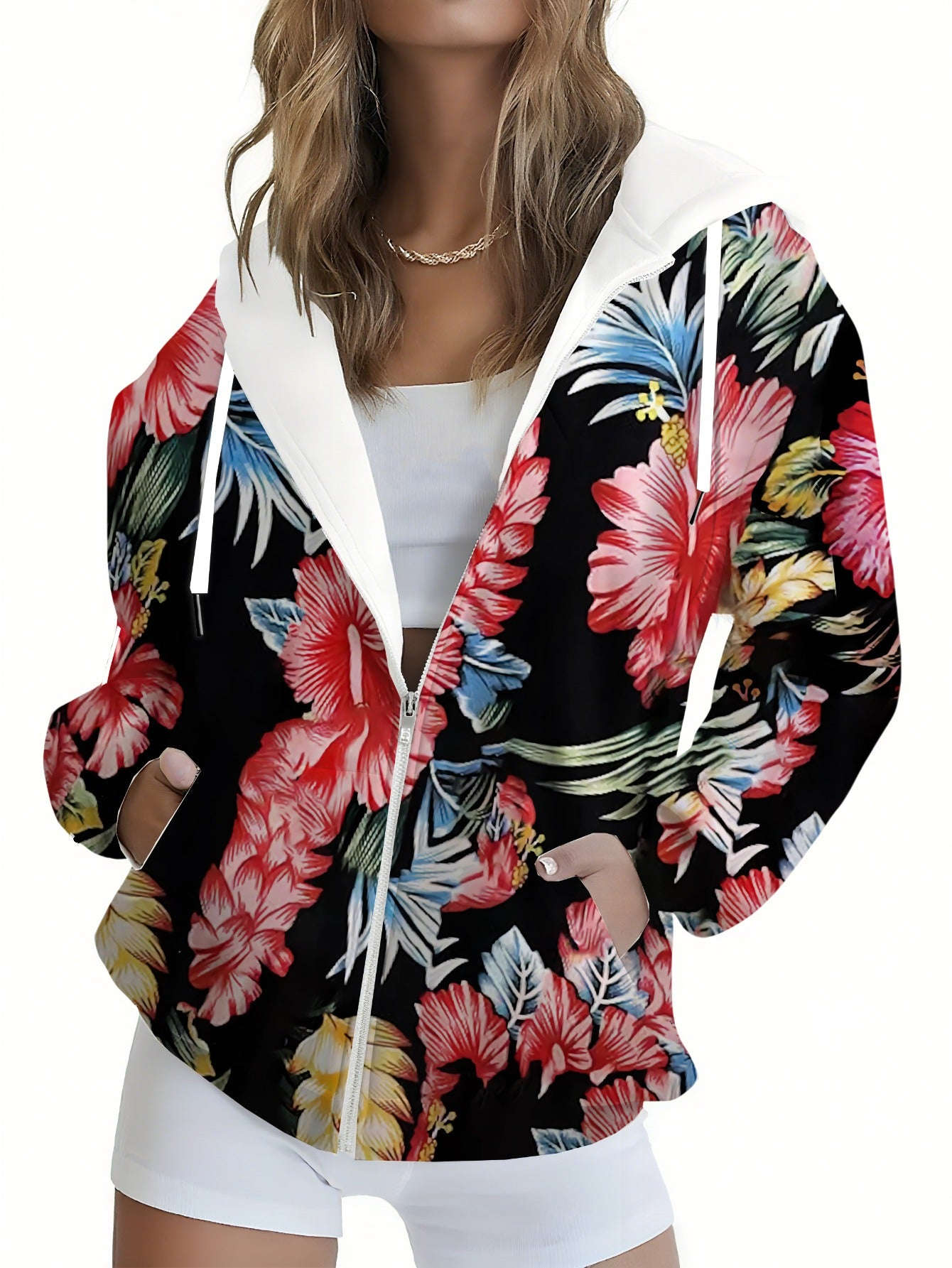 Sweat-shirt à capuche zippé floral pour femmes - KLAYSE Automne Hiver   OAXG 
