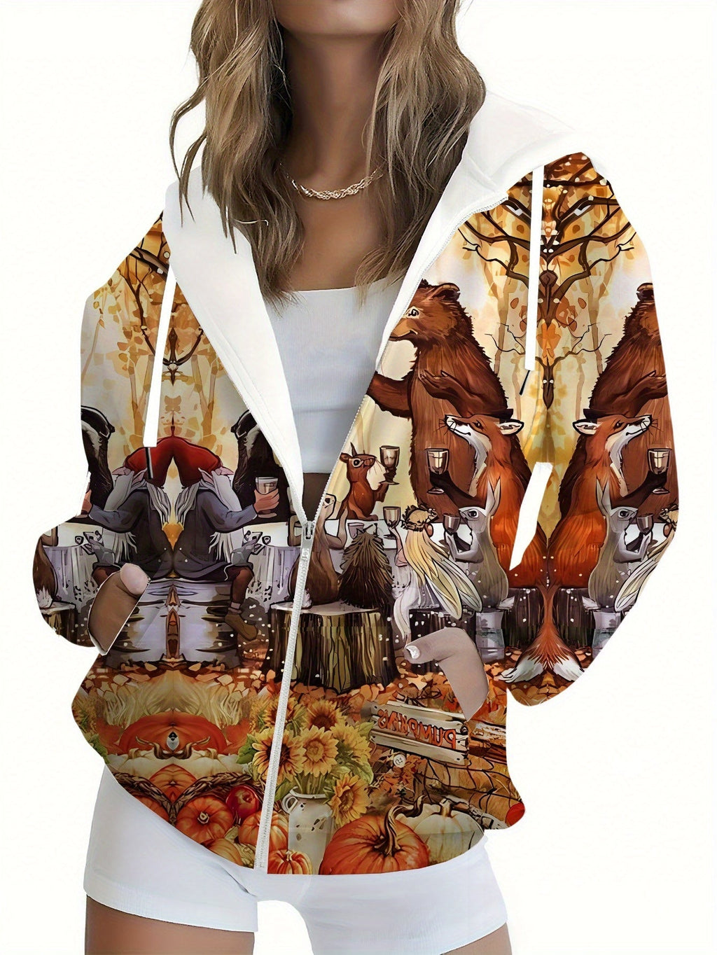 Sweatshirt à Capuche Zippé Floral pour Femmes - Style Automnal Chic   OAXG 
