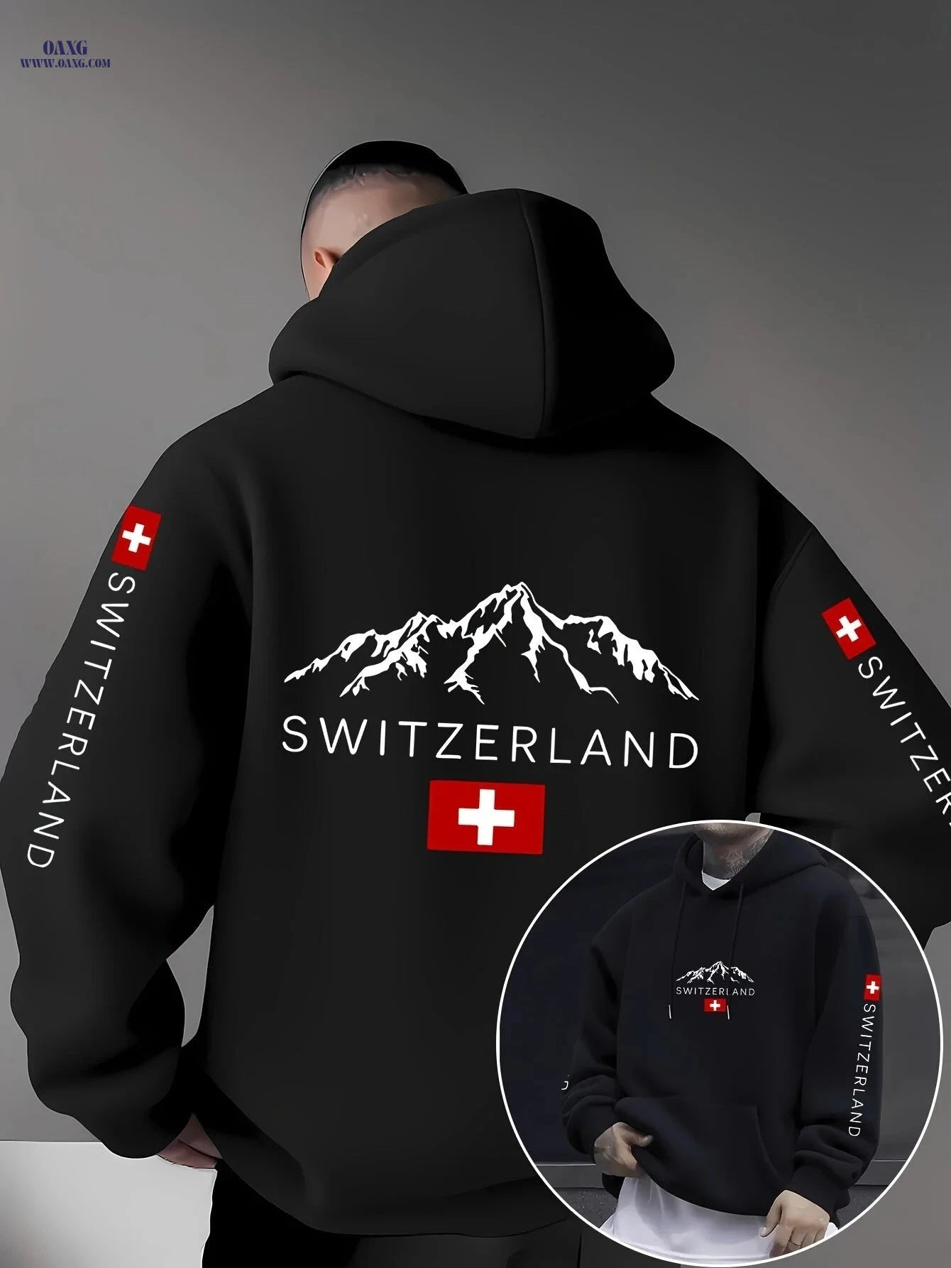 Swiss Flag Graphic Hooded Sweatshirt - Casual Pullover for Travelers   OAXG 