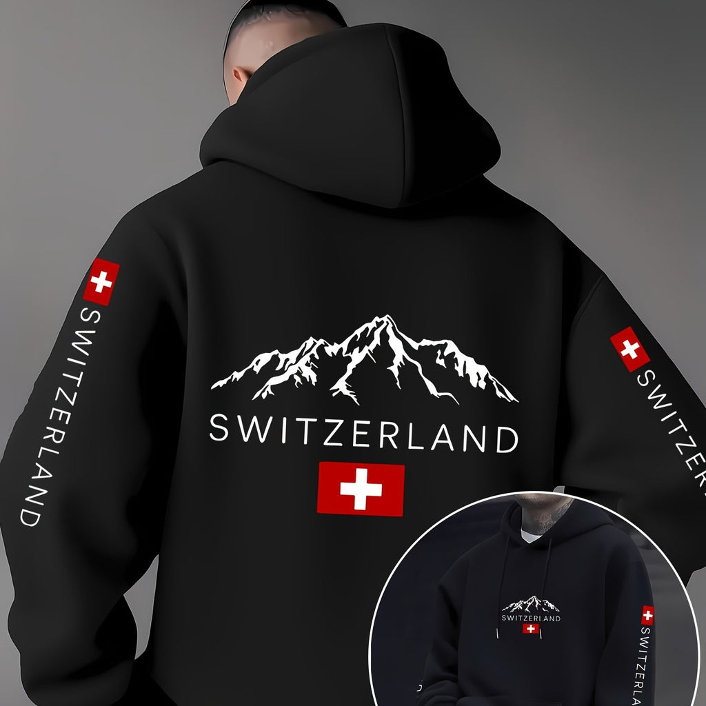 Swiss Flag Graphic Hooded Sweatshirt - Casual Pullover for Travelers   OAXG 