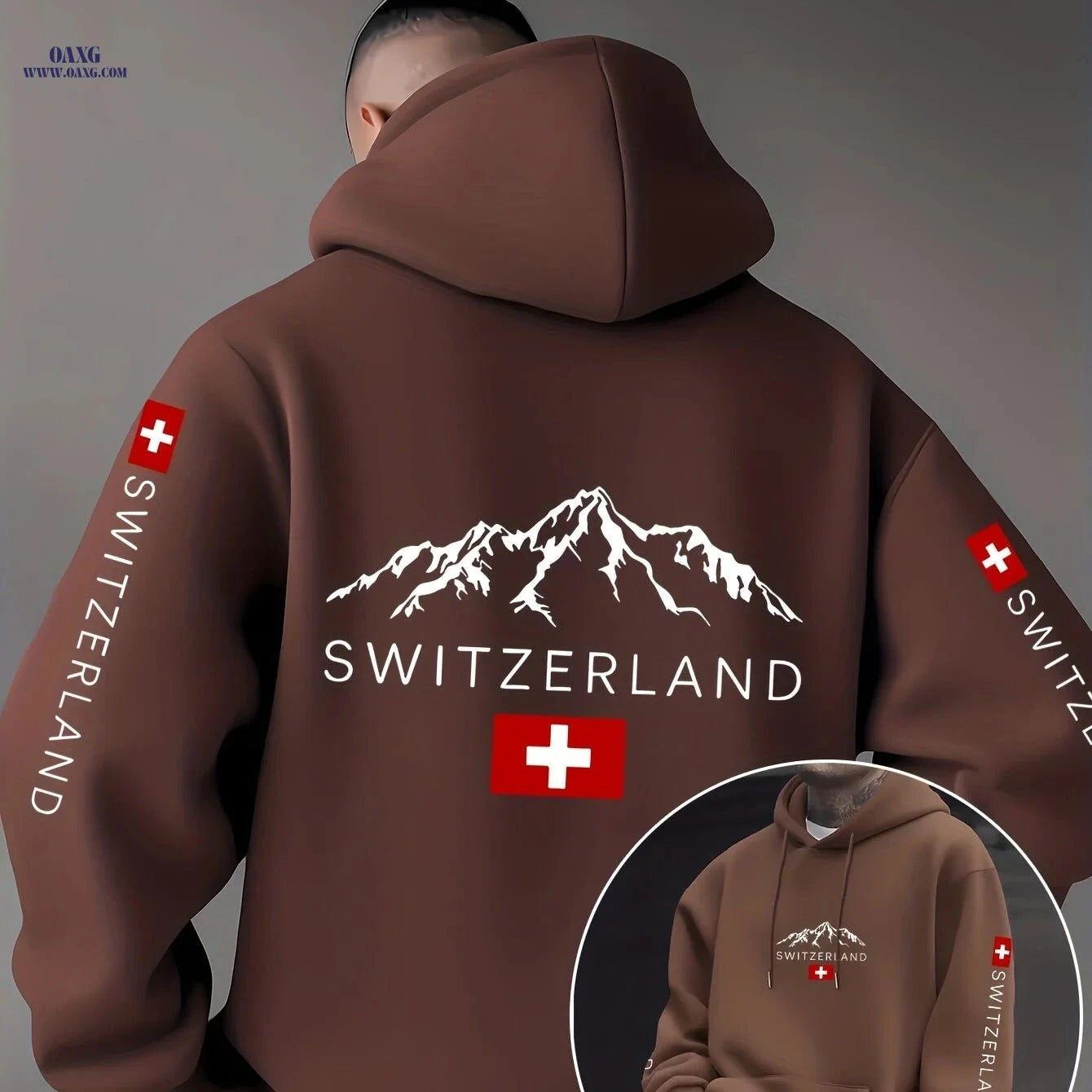 Swiss Flag Graphic Hooded Sweatshirt - Casual Pullover for Travelers   OAXG Dark Green / FR S