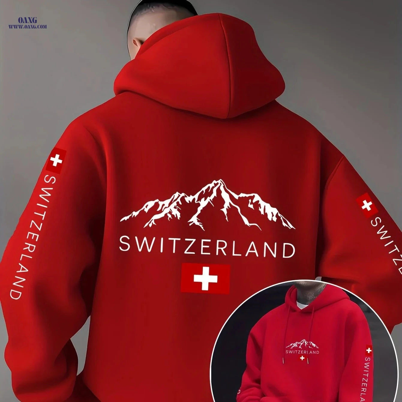 Swiss Flag Graphic Hooded Sweatshirt - Casual Pullover for Travelers   OAXG 