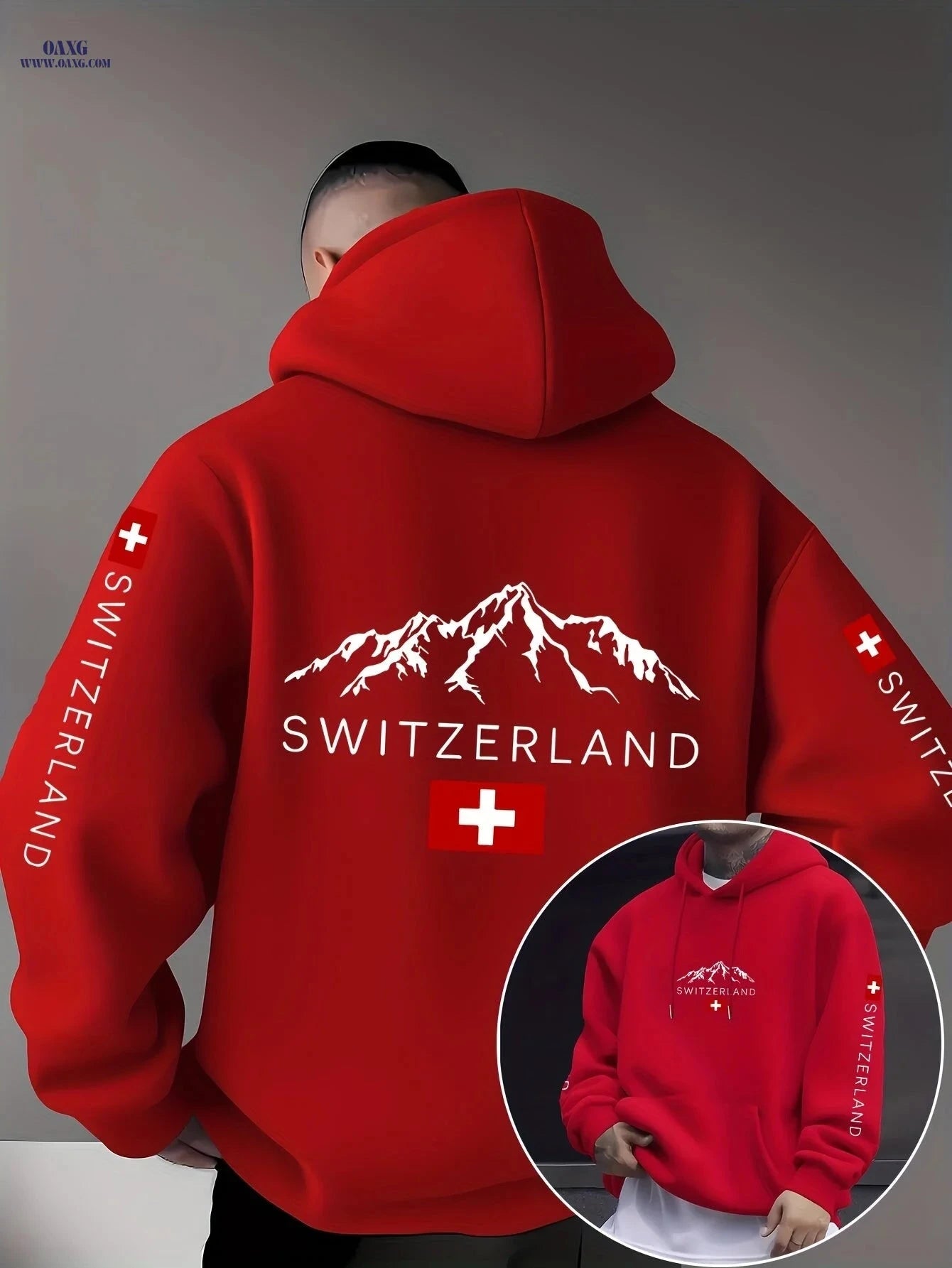Swiss Flag Graphic Hooded Sweatshirt - Casual Pullover for Travelers   OAXG 