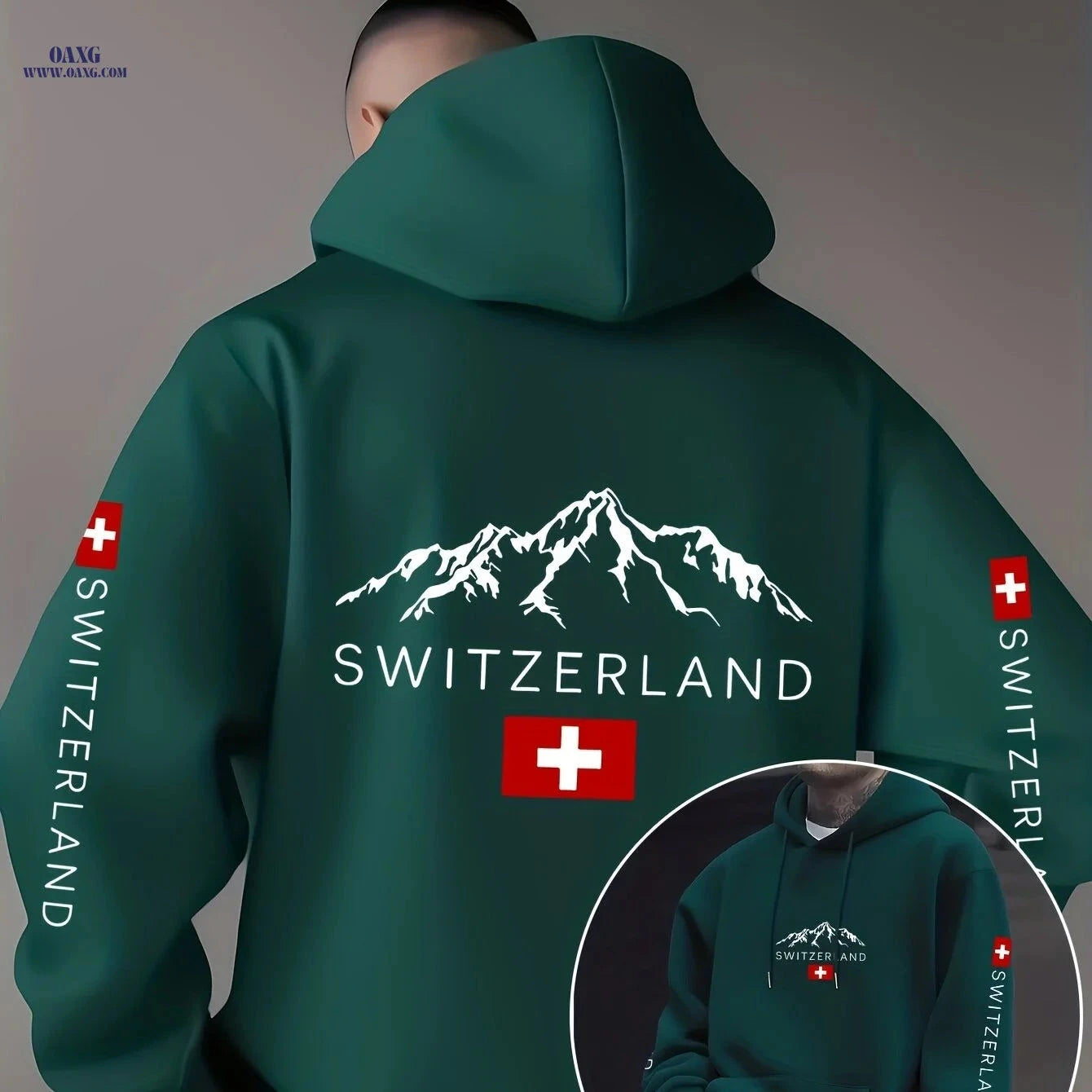 Swiss Flag Graphic Hooded Sweatshirt - Casual Pullover for Travelers   OAXG 