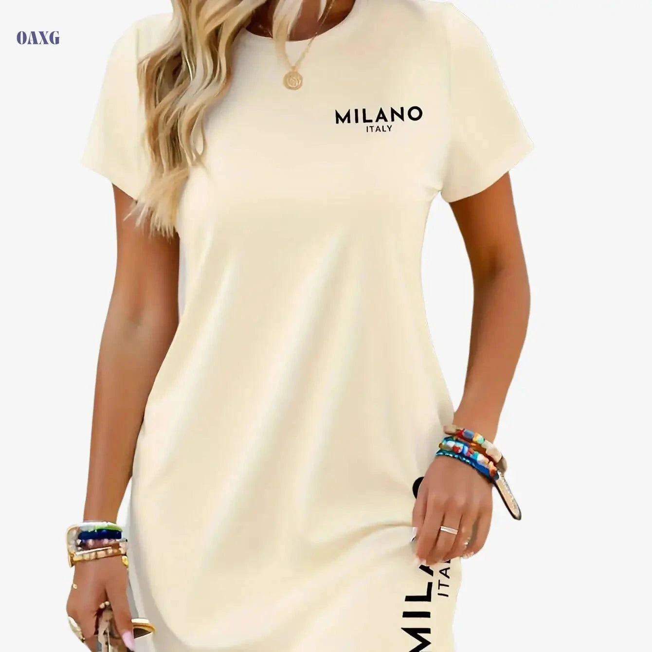 T-Skirt Women's Short Sleeve T-Shirt Dress – Casual Printed Design   OAXG Apricot / S