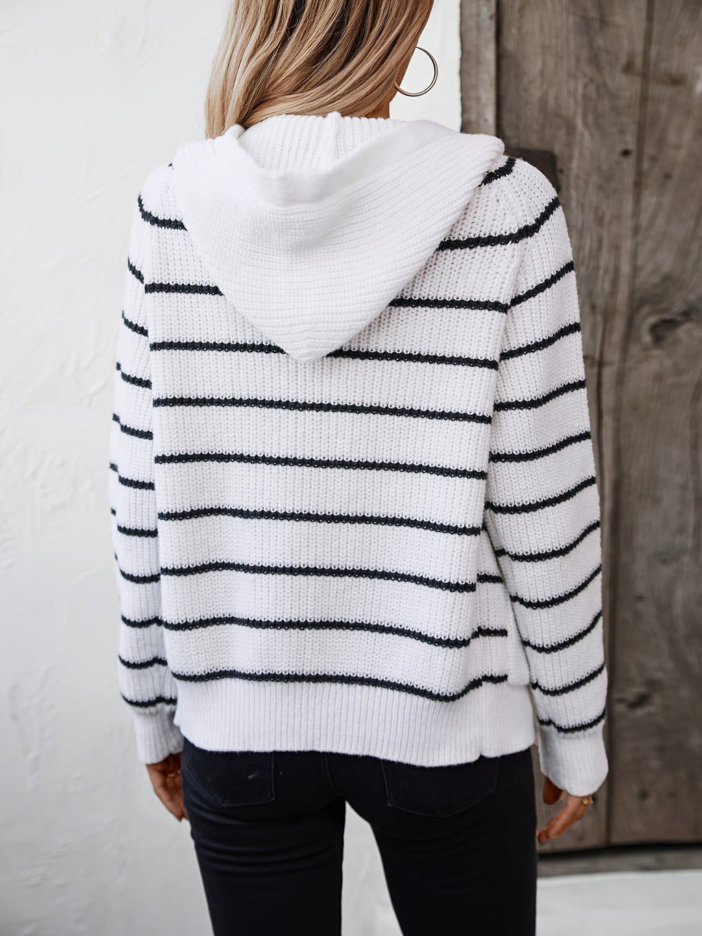 Targeted -Border Trade Women'S Hooded Sweater Autumn Winter Style European And American Loose Pocket Striped Cardigan Sweater Women'S   OAXG Coffee Color / S
