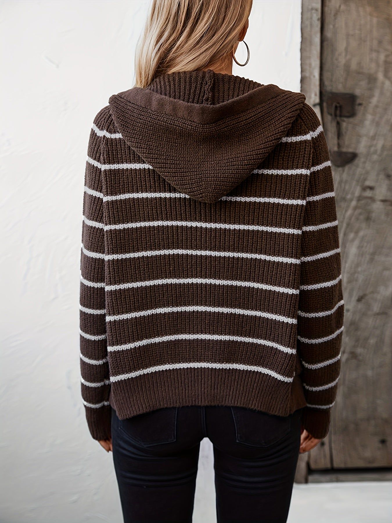 Targeted -Border Trade Women'S Hooded Sweater Autumn Winter Style European And American Loose Pocket Striped Cardigan Sweater Women'S   OAXG Coffee Color / S