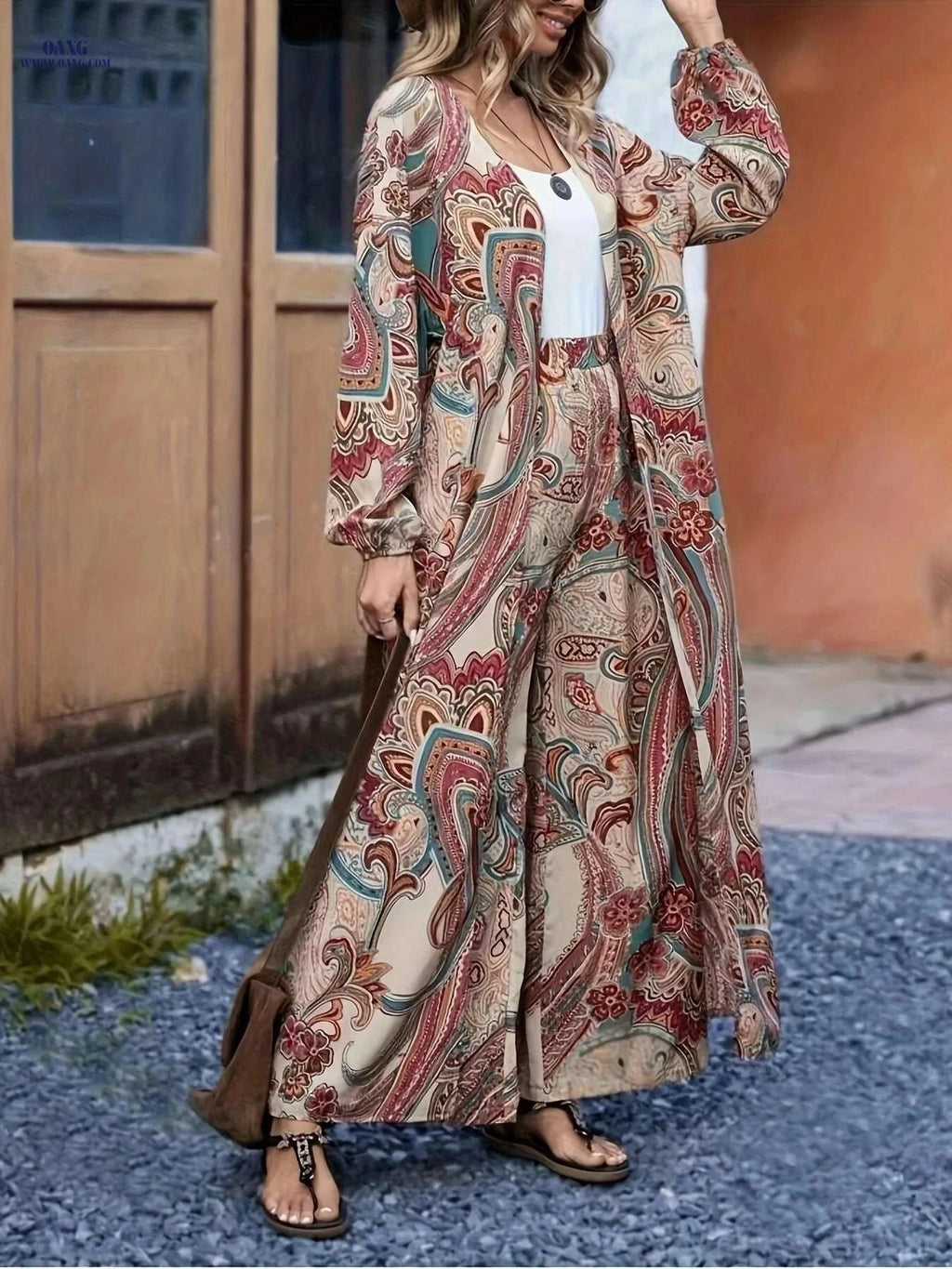 Targeted Traffic Women's Open Front Jacket & Pants Set - Persian Brocade   OAXG Apricot / S
