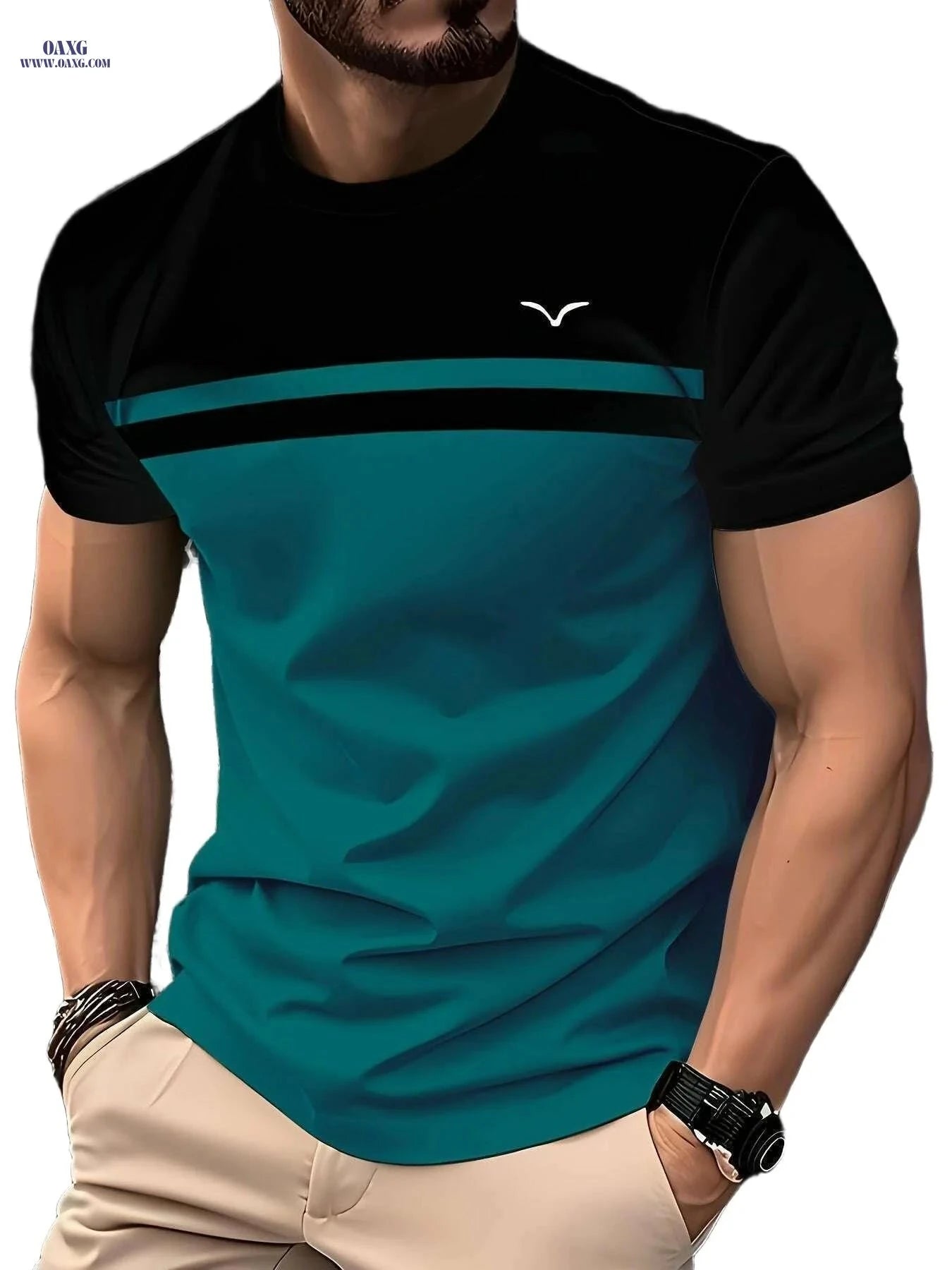 Teal & Black Stripe Casual T-Shirt - Short Sleeve, Lightweight 3D Print   OAXG Mixed Color / XXL