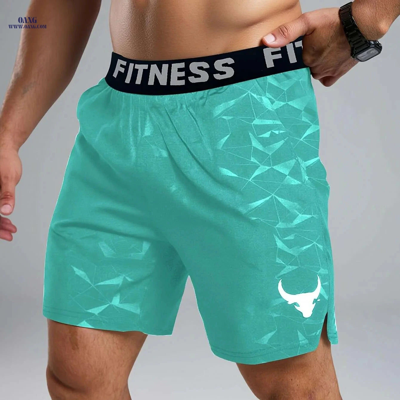 Teal Men's Geometric Fitness Shorts - Elastic Waistband & Pockets   OAXG 
