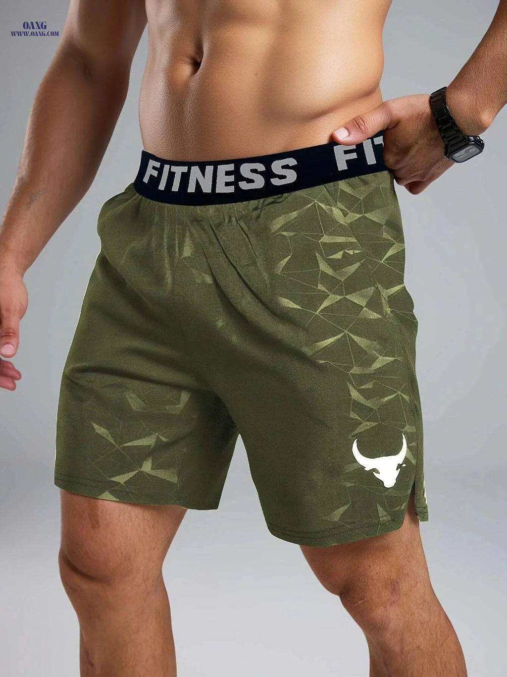 Teal Men's Geometric Fitness Shorts - Elastic Waistband & Pockets   OAXG Black / S