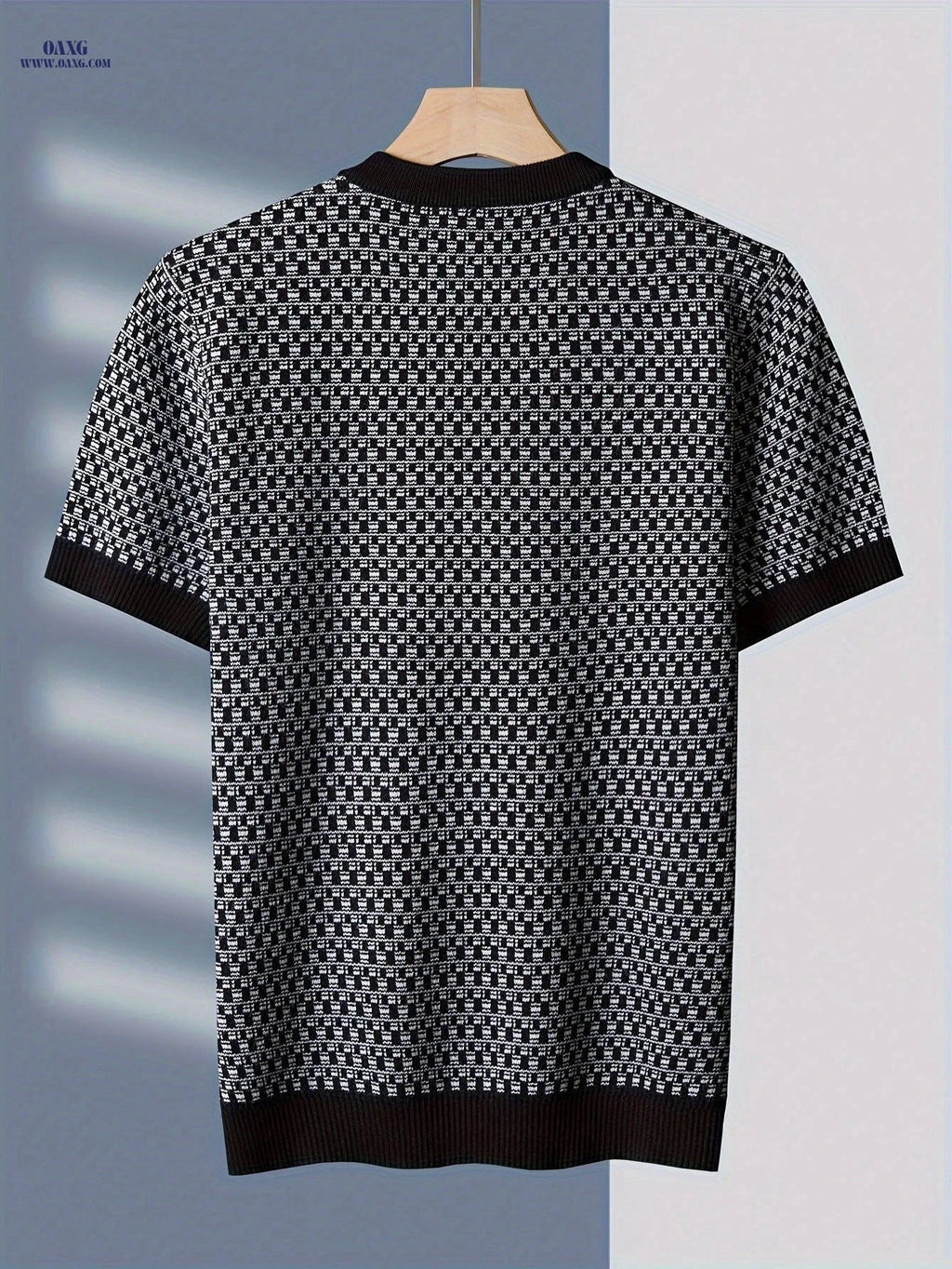 Tehan Men’s Short-Sleeved Knitted Sweater - Stylish Jacquard Check   OAXG Black / FR XS