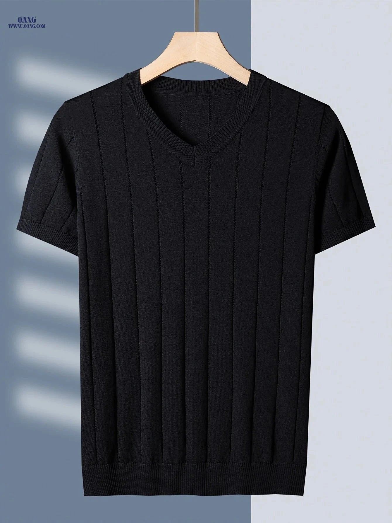 Tehan Men's Summer V-Neck Knit Shirt - Lightweight & Breathable Top   OAXG Black / FR XS