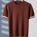 Tehan Men's Wave Pattern Knitted Shirt - Stylish Half-Sleeve Sweater   OAXG Coffee Brown / FR XS