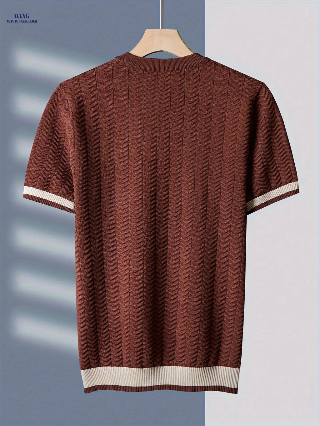Temujin Men's Wave Pattern Short-Sleeve Knitted Shirt - Trendy Style   OAXG Coffee Brown / FR XS