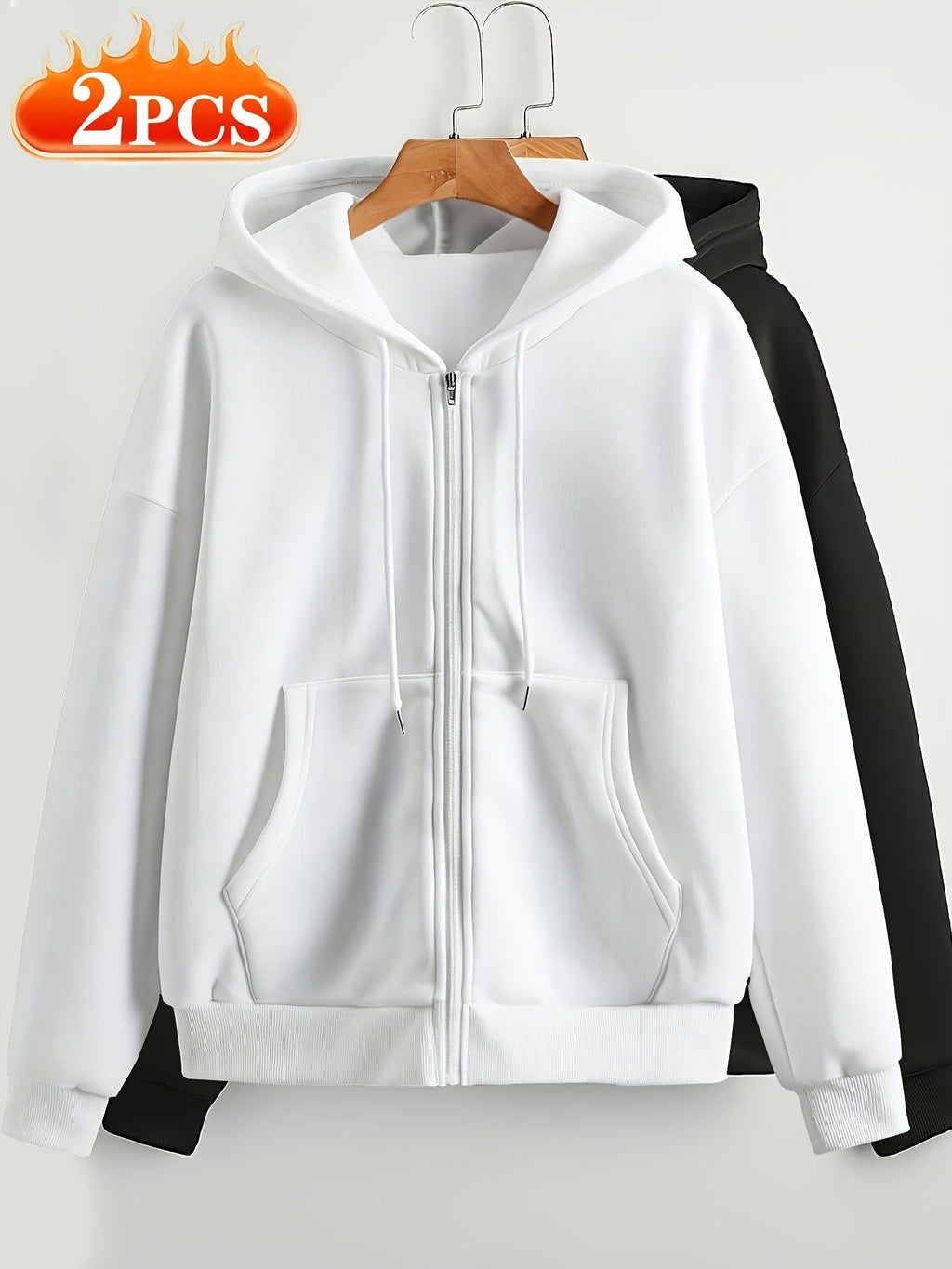 This Is a Two-Piece Set Featuring a Solid Color, Drawstring, Zip-Up Hoodie with Pockets, Designed for Women in a Casual Sporty Style   OAXG White+black / S