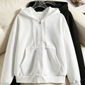 This Is a Two-Piece Set Featuring a Solid Color, Drawstring, Zip-Up Hoodie with Pockets, Designed for Women in a Casual Sporty Style   OAXG White+black / S