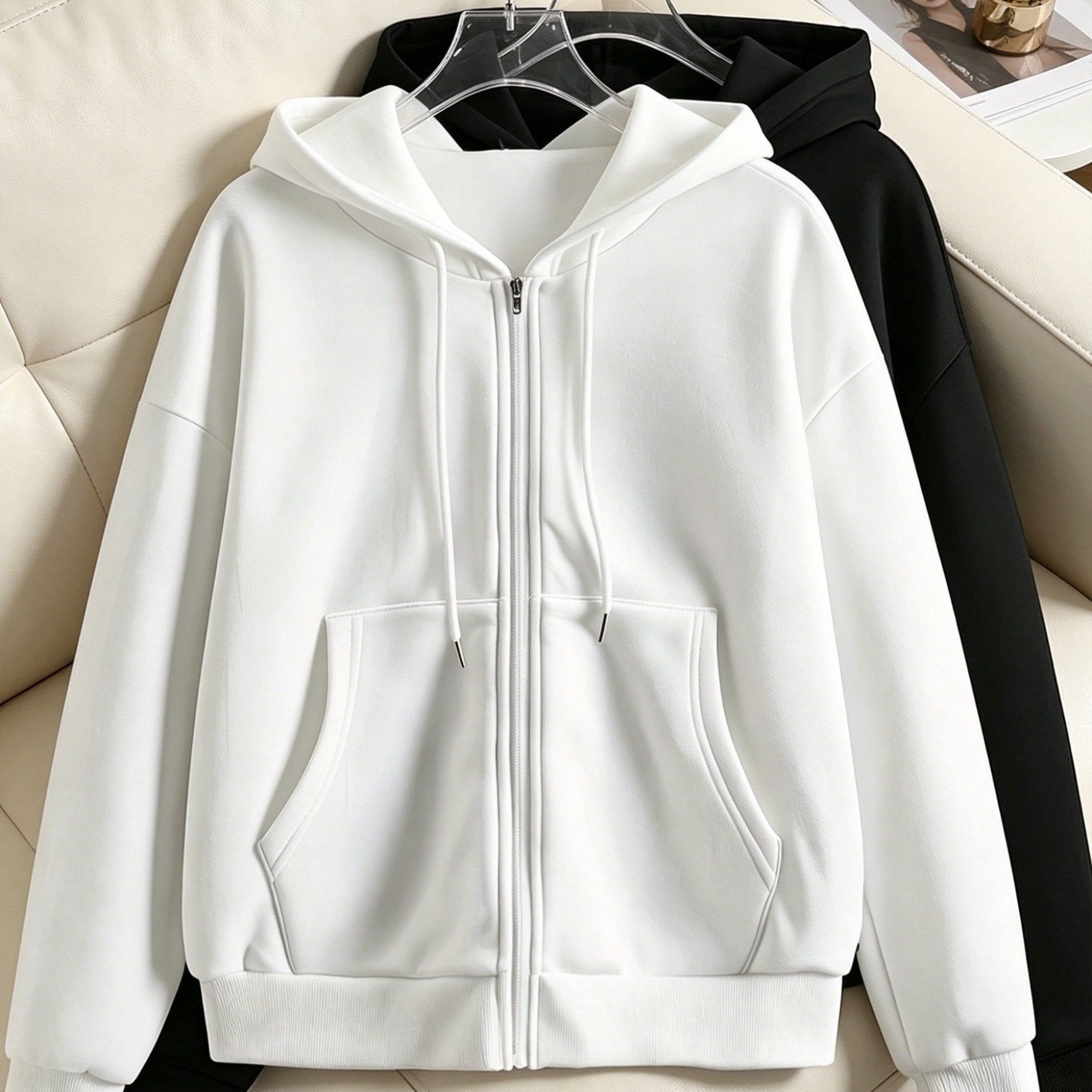 This Is a Two-Piece Set Featuring a Solid Color, Drawstring, Zip-Up Hoodie with Pockets, Designed for Women in a Casual Sporty Style   OAXG White+black / S